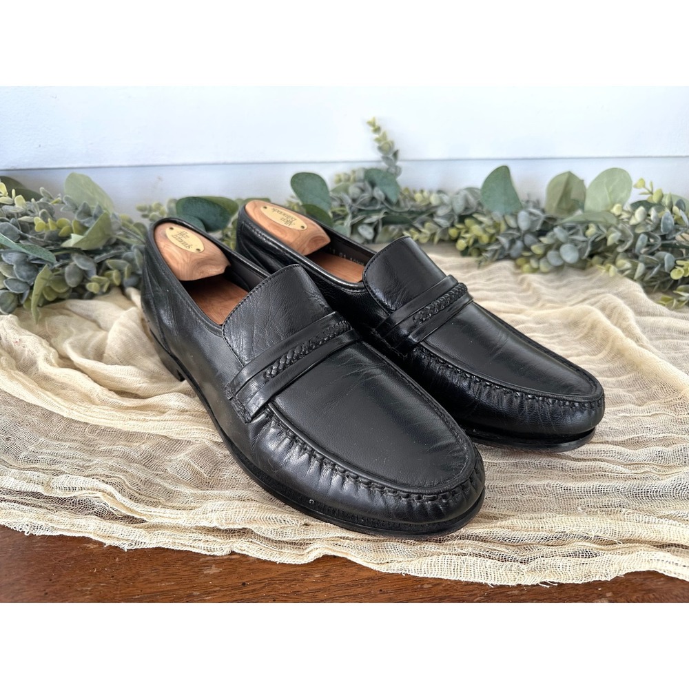 Nunn Bush Black Leather Loafer 10 1/2 M‎ mens braided stacked heel vintage